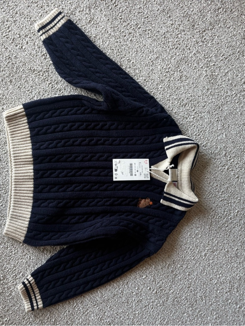 Zara Navy Cable Knit Sweater with Cream Trim